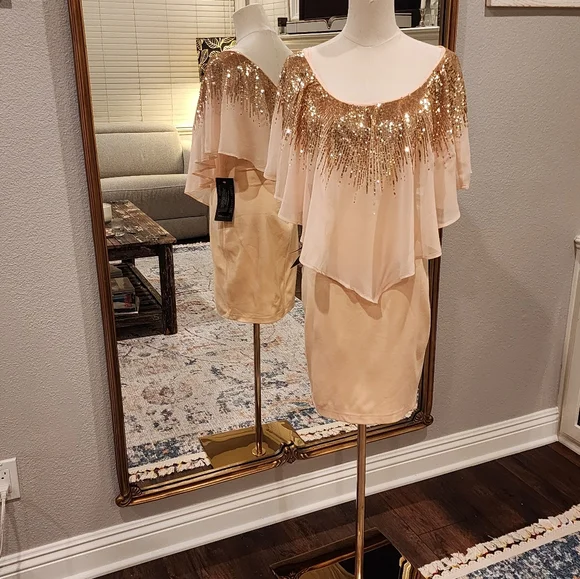 bebe | Dresses | Bebe Peachy Pink Sequined Chiffon Overlay Dress | Poshmark